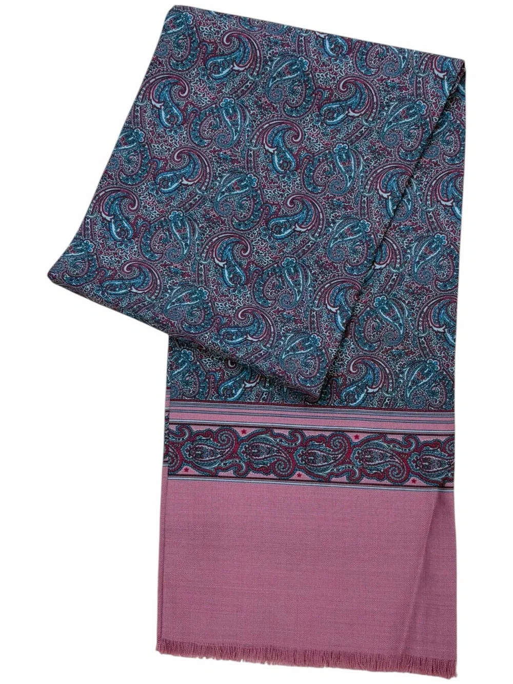 Vintage Wool Paisley Scarf Dusty Rose Blue Gray Fringe Wrap 100% Wool